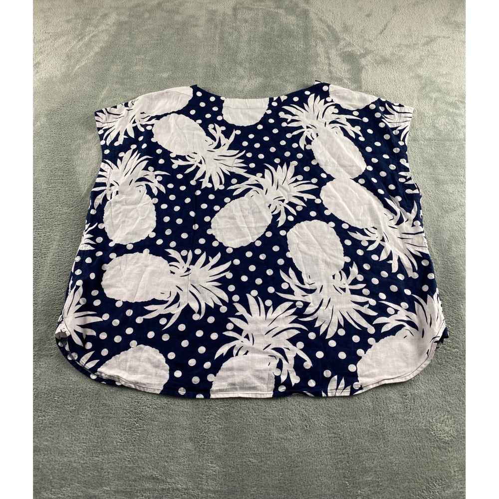 Ann Taylor XXL Navy Blue White Pineapple Polka Dot Linen Blend Cap Sleeve Blouse - Picture 7 of 8